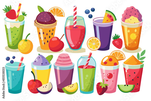 Set of classical fresh delicious smoothies decorated with fruits and berries isolated on transparent background Vegan natural healthy drinks modern flat design simple vector illustration isolated