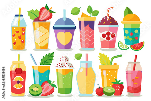 Set of classical fresh delicious smoothies decorated with fruits and berries isolated on transparent background Vegan natural healthy drinks modern flat design simple vector illustration isolated