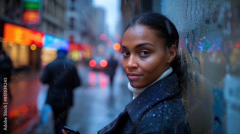 Young Woman with Phone in Rainy Urban Street at Night
Young Woman with Phone in Rainy Urban Street at Night
