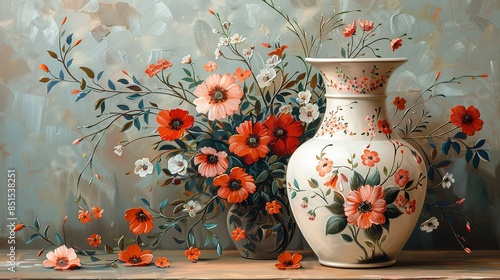 Hand-painted floral motifs adorning a ceramic vase, capturing the essence of nature's beauty in art. Abstract Backgrounds Illustration, Minimalism,