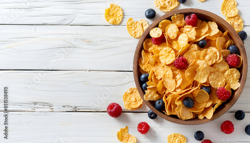 Corn flakes poured out of wooden bowl and berries on white wooden table