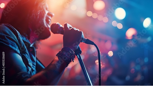 the rock star singing on the stage , in the background is the rock star concert. captured by dslr camera, in the style of cinematic