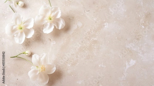 One to three white flowers laid on a pastel-colored floor, creating a tranquil and stylish background with room for text.