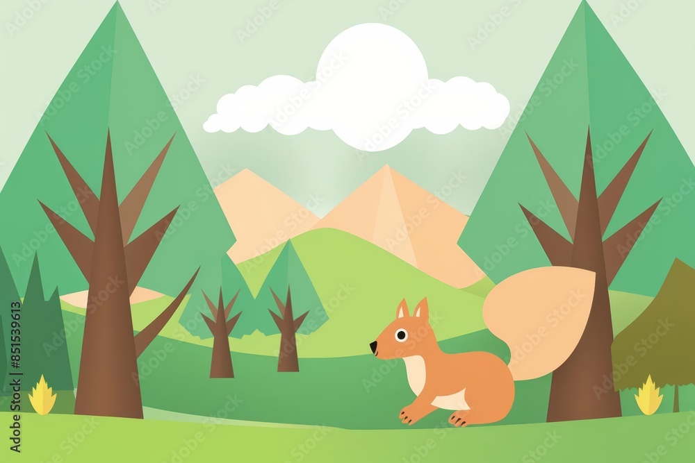 Naklejka premium Squirrel paper craft flat design front view park theme animation vivid