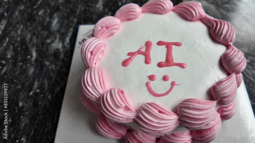 White cake with pink icing, decorated with AI and a smiley face, being cut, perfect for summer birthdays or celebrations White cake with pink icing, decorated with AI and a smiley face, being cut, perfect for summer birthdays or celebrations