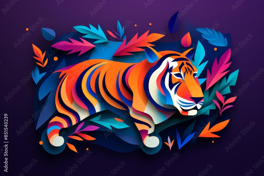 Fototapeta premium Tiger in Impressionism flat design, top view, jungle theme, animation, splitcomplementary color scheme