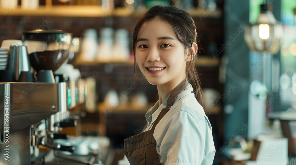 woman smiling working in a cafe woman smiling working in a cafe