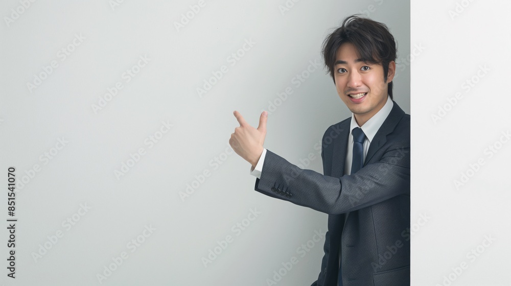 Photo of a handsome Japanese businessman wearing a suit and tie., making a cheerful peeking and pointing Photo of a handsome Japanese businessman wearing a suit and tie., making a cheerful peeking and pointing