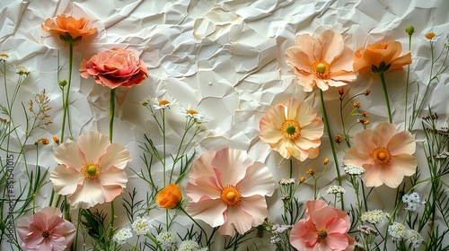 Handmade paper textures adorned with pressed flowers, capturing the essence of nature's beauty in stationary. Abstract Backgrounds Illustration, Minimalism,