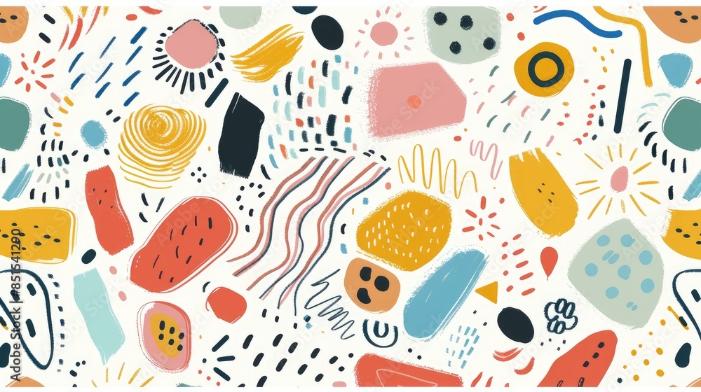 Seamless doodle pattern with colorful lines and basic shapes, perfect for a lighthearted, minimalist artistic backdrop for kids. Seamless doodle pattern with colorful lines and basic shapes, perfect for a lighthearted, minimalist artistic backdrop for kids.