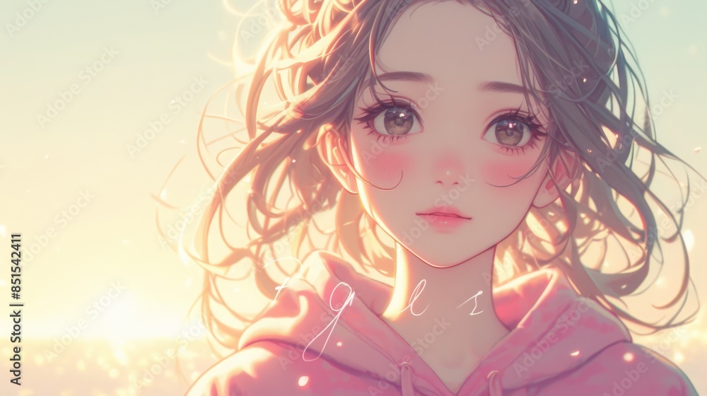 Close-up illustration of a charming anime girl with a gentle gaze, set against a serene sunset sky background Close-up illustration of a charming anime girl with a gentle gaze, set against a serene sunset sky background
