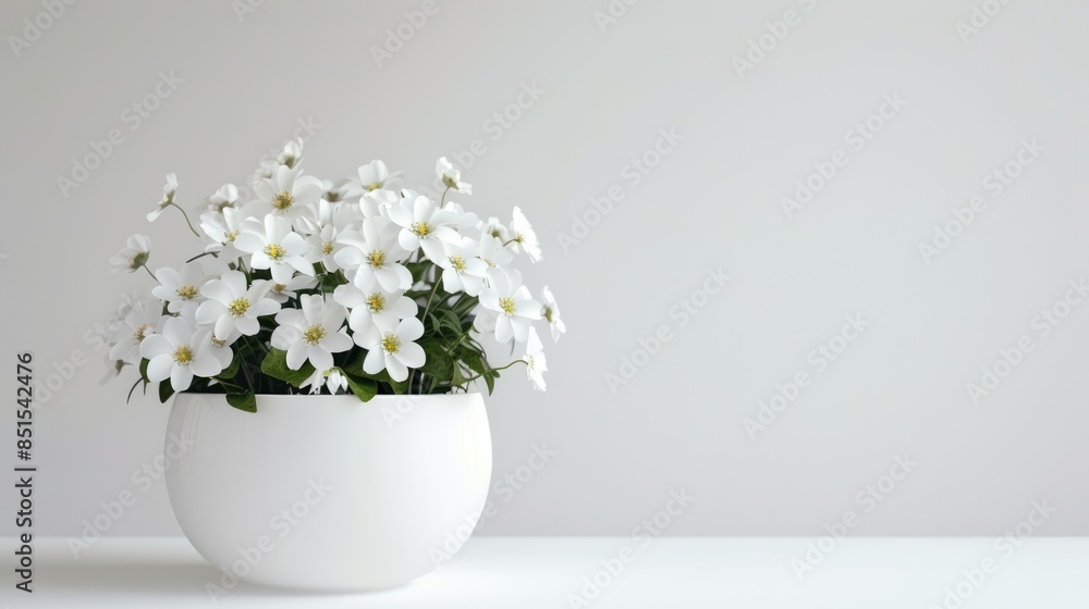 Simple yet elegant white flowers in a white pot, ideal for a minimalist and tranquil design. Simple yet elegant white flowers in a white pot, ideal for a minimalist and tranquil design.