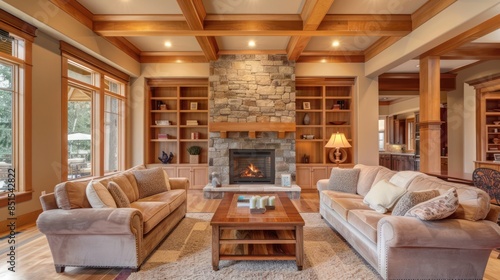 spacious craftsman-style living room with coffered ceilings, built-in bookcases, and a stone fireplace for a cozy, inviting space