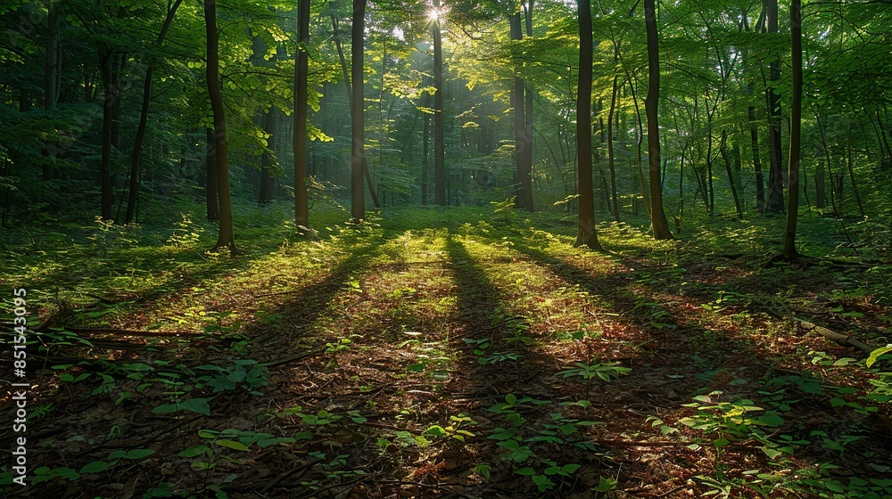 Obraz premium Sunlight filtering through dense foliage, casting intricate shadow patterns on the forest floor, evoking a sense of serenity and tranquility. Abstract Backgrounds Illustration, Minimalism,