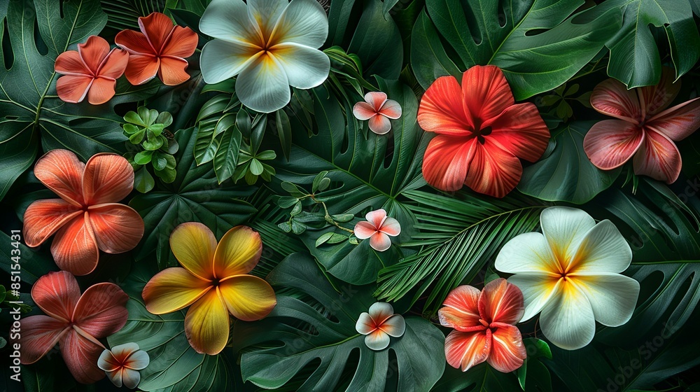 Vibrant tropical flowers peeking out from lush greenery, their vivid hues contrasting beautifully against the verdant backdrop. Abstract Backgrounds Illustration, Minimalism, Vibrant tropical flowers peeking out from lush greenery, their vivid hues contrasting beautifully against the verdant backdrop. Abstract Backgrounds Illustration, Minimalism,