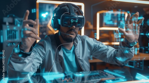 A tech-savvy man in a futuristic office uses a holographic display, wearing sleek headphones, eyeglasses, and a smartwatch.