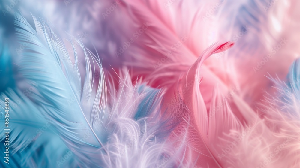 Soft and fluffy colored feathers, pink and blue tones background Soft and fluffy colored feathers, pink and blue tones background