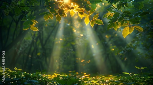 Sunlight filtering through a canopy of leaves, dappling the forest floor with patches of warm, golden light. Abstract Backgrounds Illustration, Minimalism,