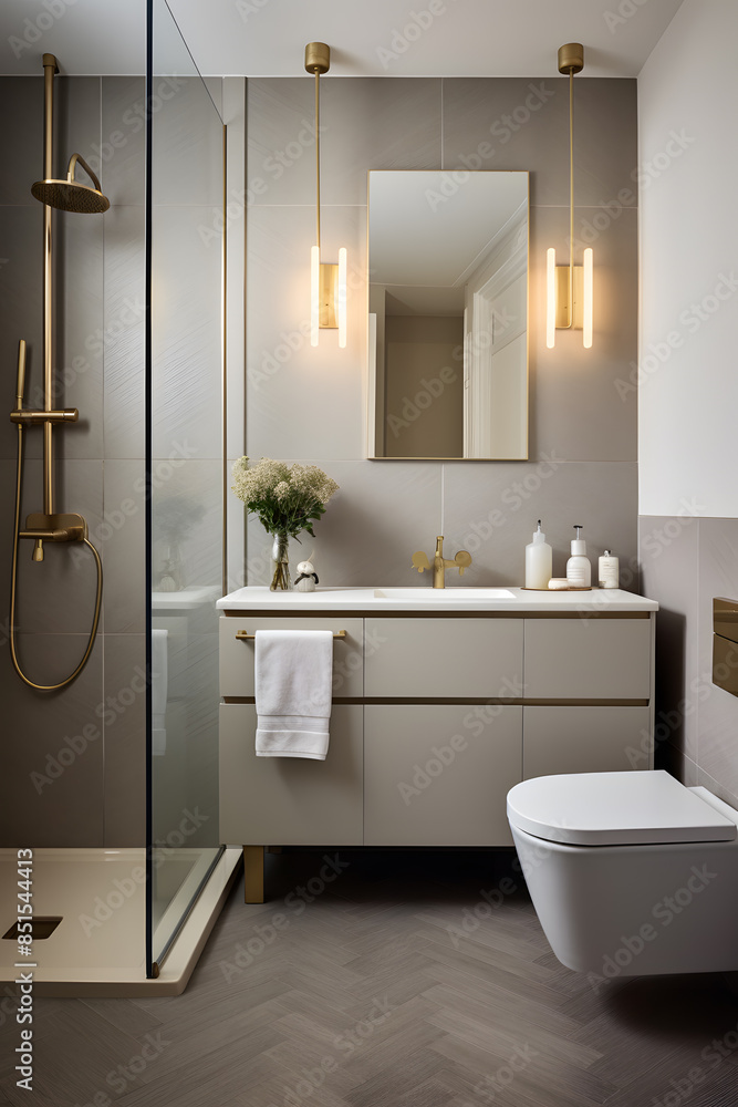 Modern luxury bathroom interior in natural grey and beige colors Modern luxury bathroom interior in natural grey and beige colors