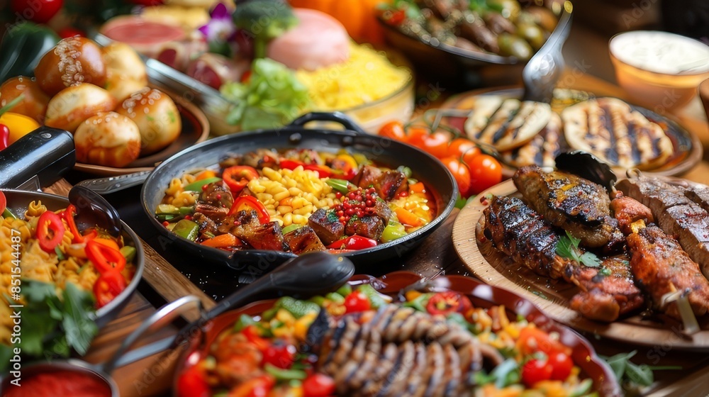 Grilled food outdoors. Dinner in a cauldron. Grilled food outdoors. Dinner in a cauldron.