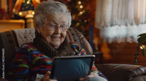 Elderly woman smiling as she video chats with family on her tablet in a cozy living room