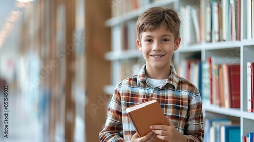 The same boy holding a book and smiling confidently, photo