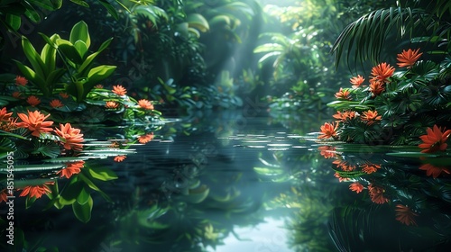 A tranquil pond surrounded by dense foliage, its surface reflecting the vibrant colors of the surrounding flora. Abstract Backgrounds Illustration, Minimalism,