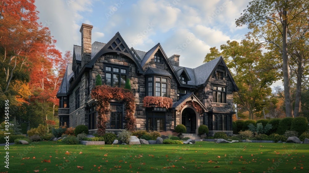 house with stone facade and black trim, located in the fall in an elegant area. The house is made in the Gothic style with a gable roof and decorative windows. It has a well-kept landscape.