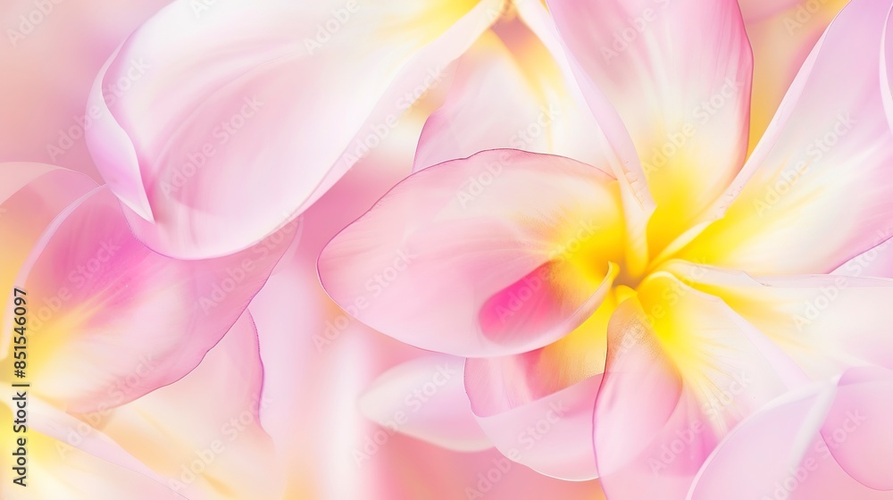 Exotic plumeria petals, close-up, soft pink and yellow, gentle light, high detail, tropical leaves background. Exotic plumeria petals, close-up, soft pink and yellow, gentle light, high detail, tropical leaves background.