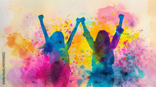 abstract watercolor background with watercolor splashes and two women cheering 