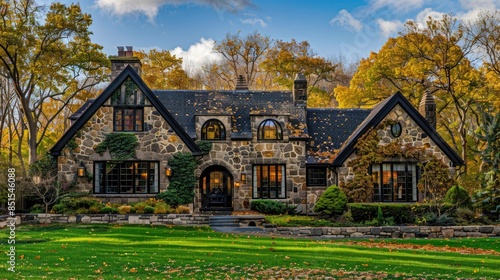 house with stone facade and black trim, located in the fall in an elegant area. The house is made in the Gothic style with a gable roof and decorative windows. It has a well-kept landscape. photo