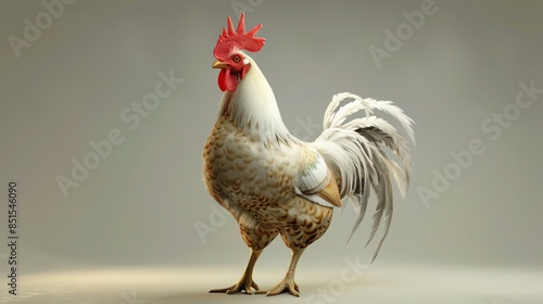 A majestic rooster stands tall and proud, its feathers gleaming in the light. photo