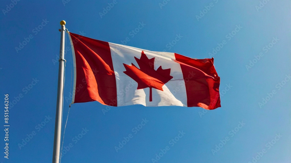 Canadian Flag Fluttering in the Wind: A Symbol of National Pride on Canada Day, Set Against a Clear Blue Sky. Canadian Flag Fluttering in the Wind: A Symbol of National Pride on Canada Day, Set Against a Clear Blue Sky.