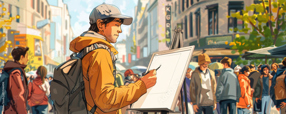 An artist sketching portraits of strangers in a bustling city square, capturing the diversity of urban life. An artist sketching portraits of strangers in a bustling city square, capturing the diversity of urban life.