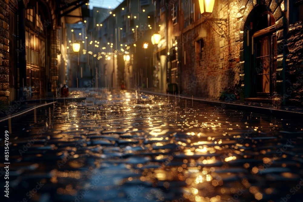 Craft a detailed 3D rendering of a long shot scene in a rainy urban alleyway Craft a detailed 3D rendering of a long shot scene in a rainy urban alleyway