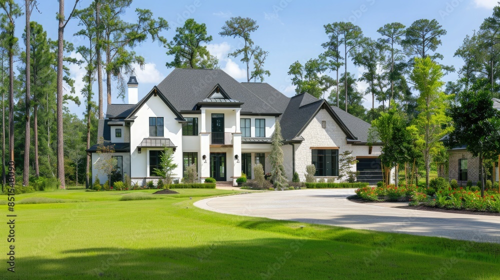 A sleek white modern home with large black windows surrounded by lush green grass and geometric patterns of marble accents in the driveway showcasing architectural details. A sleek white modern home with large black windows surrounded by lush green grass and geometric patterns of marble accents in the driveway showcasing architectural details.