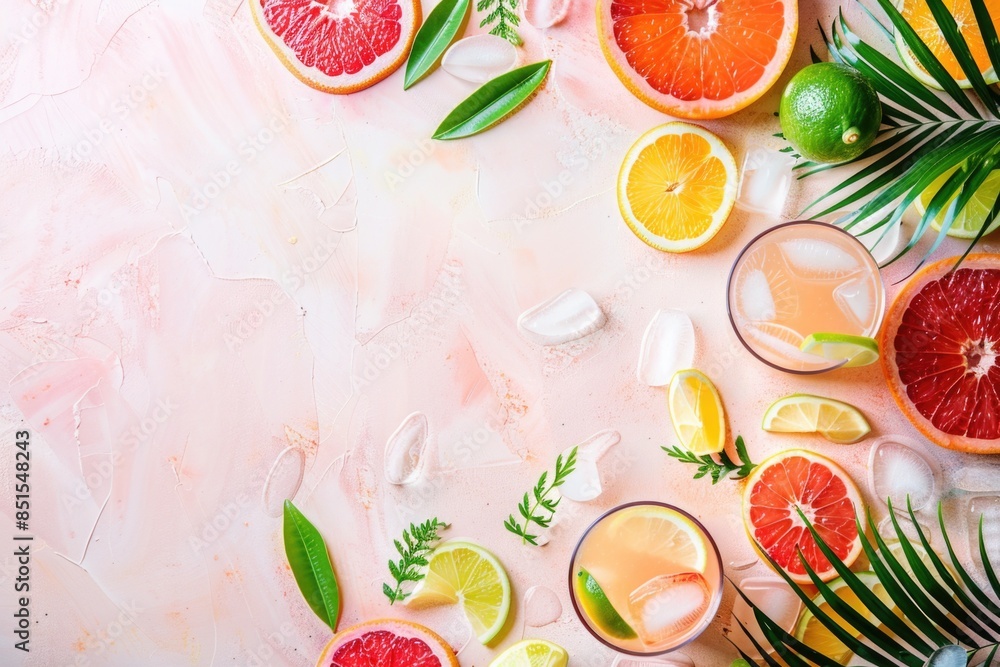 Vibrant Summer Beverage Composition with Refreshing Citrus Fruits on Pastel Background for Print Posters and Social Media Vibrant Summer Beverage Composition with Refreshing Citrus Fruits on Pastel Background for Print Posters and Social Media