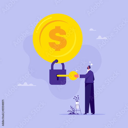 Debt free or freedom for pay off debts concept, loan or mortgage, solution to solve financial problem to break free, businessman uses a key unlock money coin from padlock