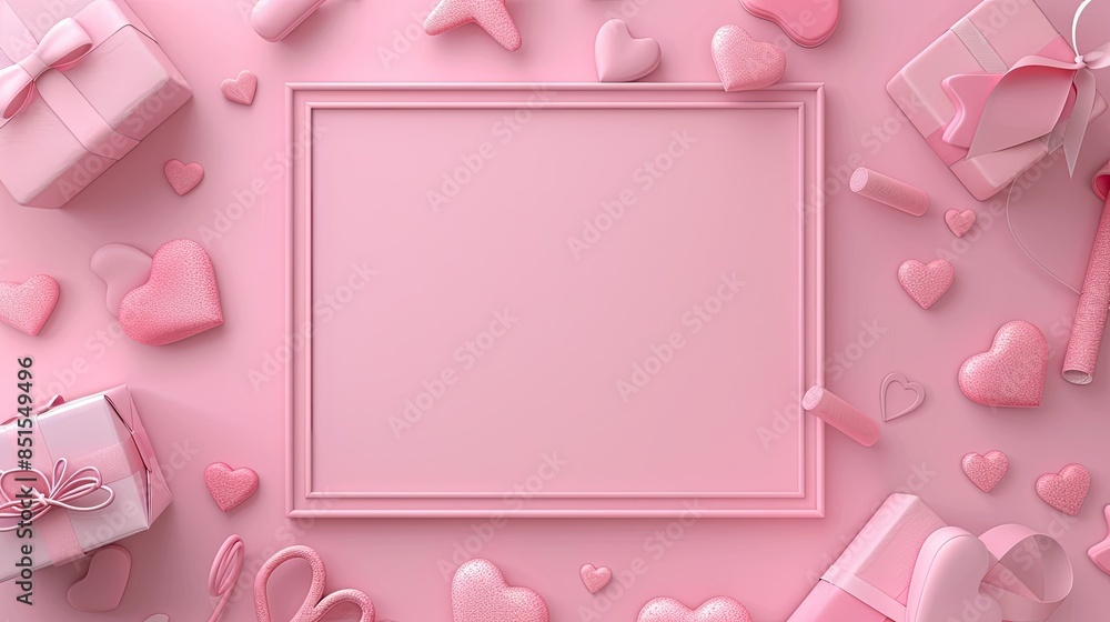 Valentine's Day background with pink frame and empty space for text: top view of hearts, gifts and love decorations on pastel soft light background. Valentine's Day background with pink frame and empty space for text: top view of hearts, gifts and love decorations on pastel soft light background.