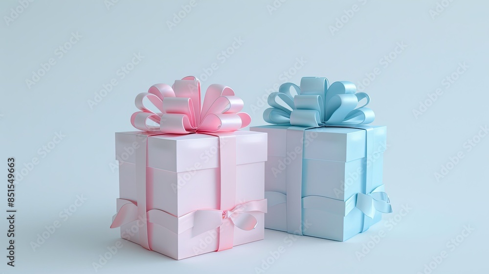 Obraz premium Pastel gift boxes with ribbon on white background, minimalist style, simple design, cute, no shadows, white background, pastel colors, pink and blue, gold ribbons.