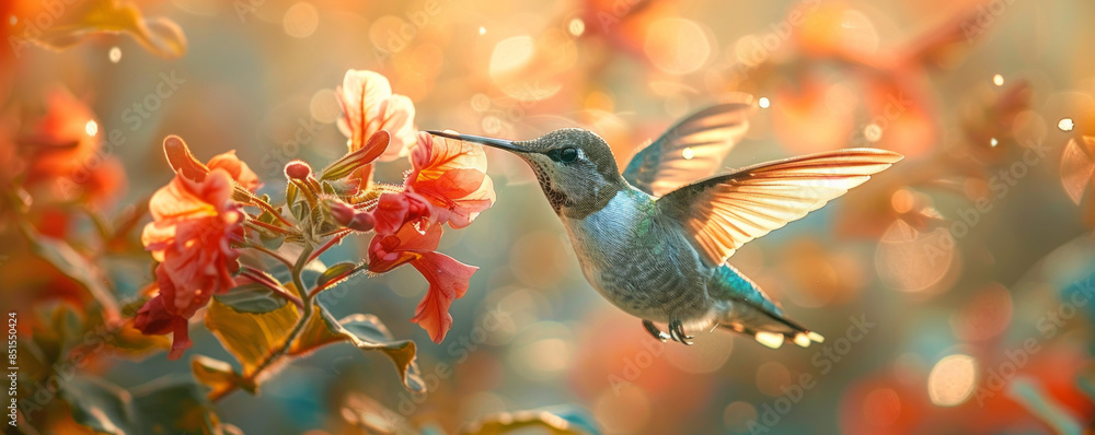 Naklejka premium A close-up photo of a hummingbird hovering in front of a flower, its wings beating so fast they are almost invisible.