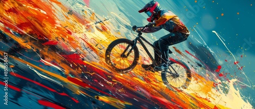 BMX Freestyle, focus on trick, copy space, vivid colors, Double exposure silhouette with bike stunt