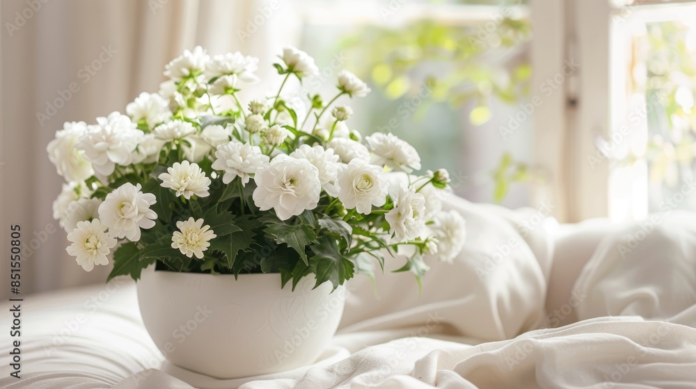 White flowers in a stylish white pot, creating a tranquil and refined atmosphere. White flowers in a stylish white pot, creating a tranquil and refined atmosphere.