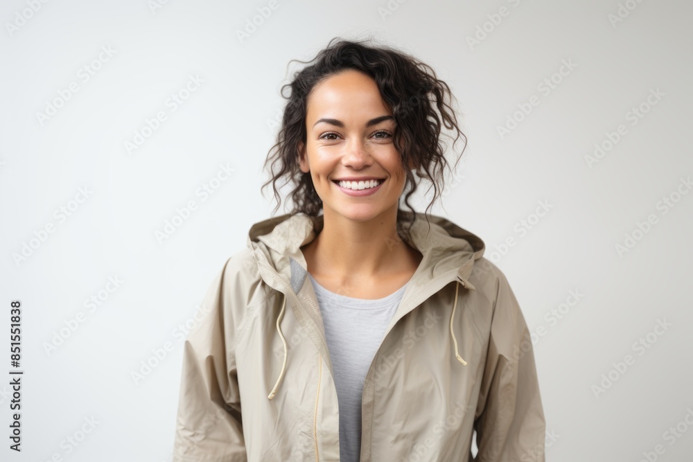 Portrait of a smiling woman in her 30s sporting a waterproof rain jacket isolated in light wood minimalistic setup Portrait of a smiling woman in her 30s sporting a waterproof rain jacket isolated in light wood minimalistic setup