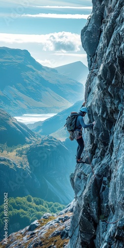 A dynamic shot capturing a climber navigating a steep cliff, set against a backdrop of breathtaking landscapes. photo