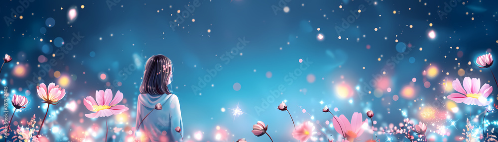 girl standing in a beautiful flower field at night girl standing in a beautiful flower field at night