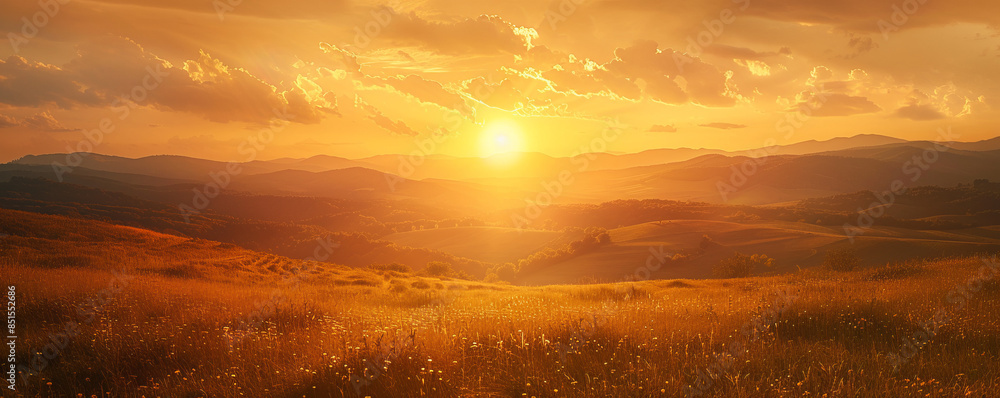 Fototapeta premium A golden sunset with the sun dipping below the horizon, casting a warm glow over the landscape.