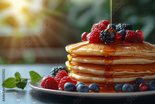 Stack of pancakes with berries and syrup