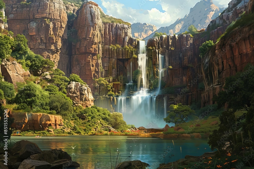 Fototapeta premium Illustrate a breathtaking long shot of a majestic waterfall cascading down rugged cliffs into a tranquil pool below,