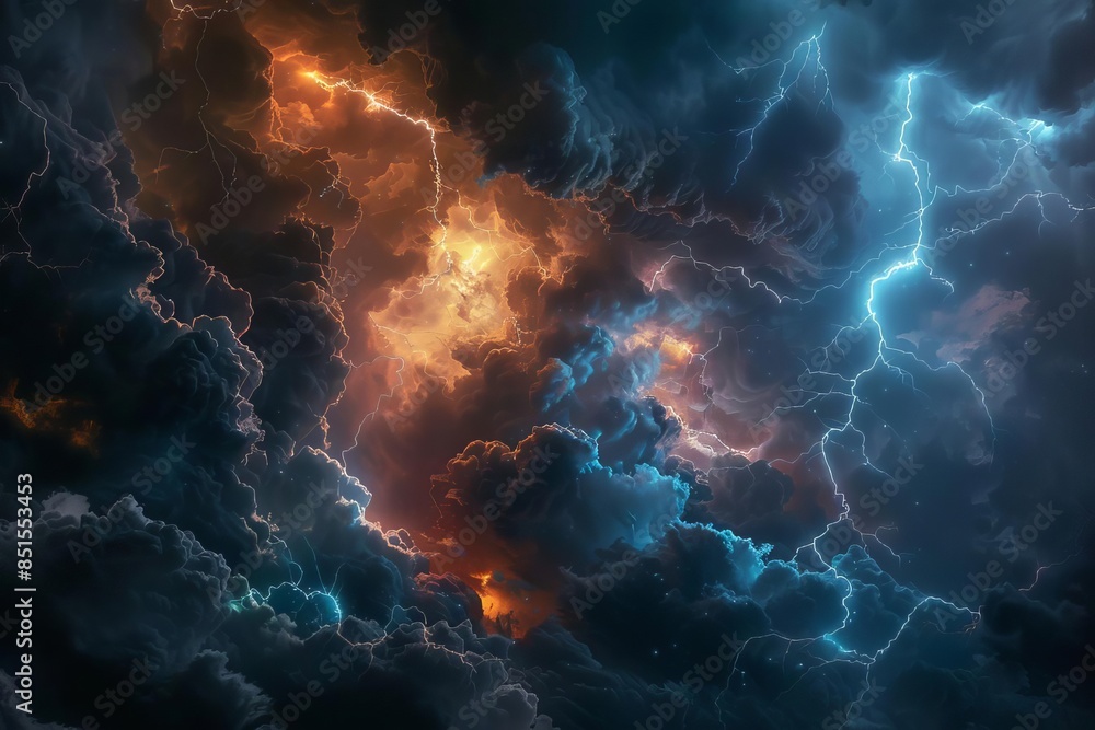 Illustrate a dramatic thunderstorm scene from a worms-eye view in photorealistic detail Capture the menacing clouds, striking lightning, and eerie atmosphere, Illustrate a dramatic thunderstorm scene from a worms-eye view in photorealistic detail Capture the menacing clouds, striking lightning, and eerie atmosphere,